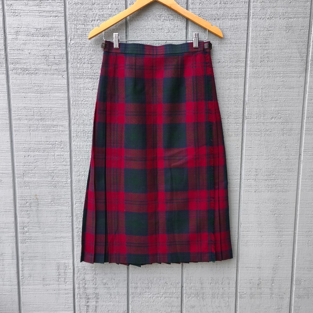 James Pringle Weavers 100% Wool Tartan Midi Maxi Skirt sz US 8 Red Navy Scotland